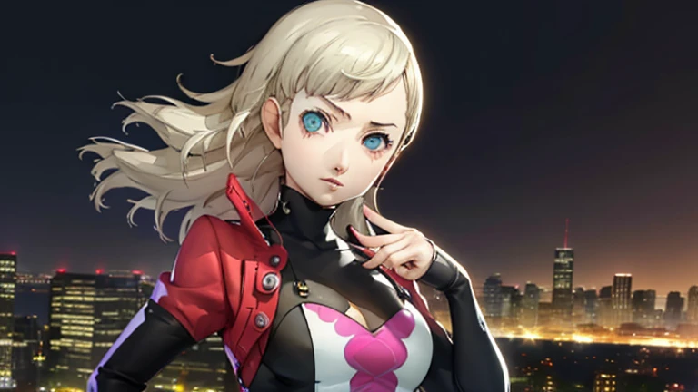 1girl, expressive eyes, wink, sneaky smile, patterned clothes dress, jojo poses, big urban city in night time in background, detail richness, masterpiece, best quality, PERSONA style, Soejima Shigenori style