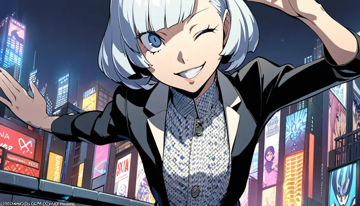 1girl, expressive eyes, wink, sneaky smile, patterned clothes dress, jojo poses, big urban city in night time in background, detail richness, masterpiece, best quality, PERSONA style, Soejima Shigenori style