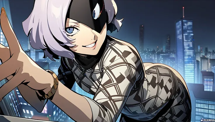 1girl, expressive eyes, wink, sneaky smile, patterned clothes dress, jojo poses, big urban city in night time in background, detail richness, masterpiece, best quality, PERSONA style, Soejima Shigenori style