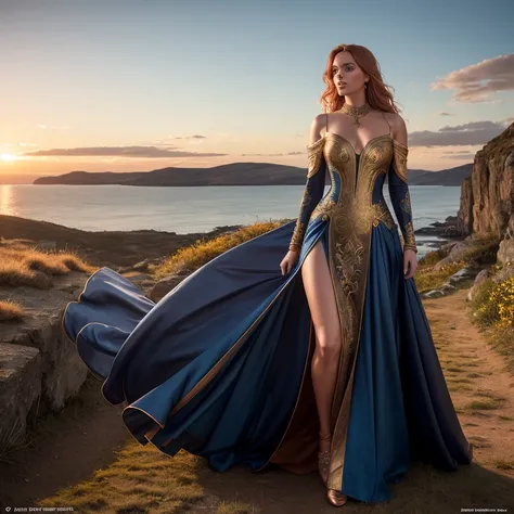 Amazing Photographic Scandinavian Woman. Copper hair with golden highlights, captivating blue eyes, draped in a elaborate evening gown, elegantly posing outdoors during a sunset, surrounded by a detailed and intricate background. The environment is bathed ...