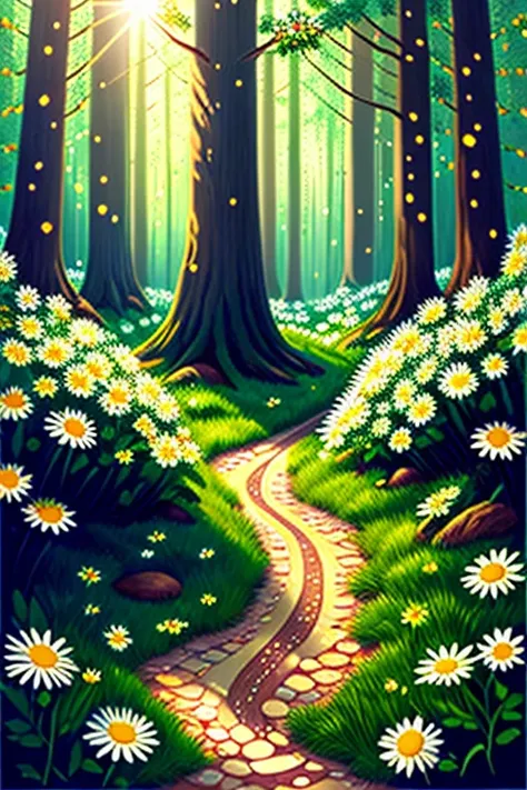 Forest floor, daisies, merry elves, shiny sunbeams