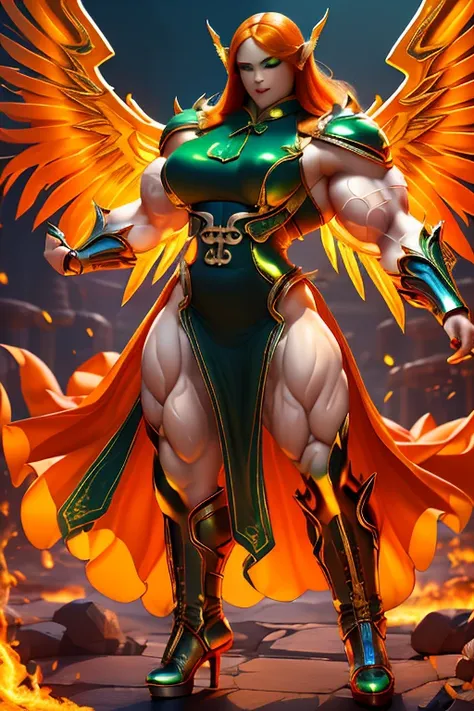 (((Massive, beautiful, buff, pale white skinned, muscular woman with orange hair, black lipstick, glowing green eyes, huge angel wings, ginormous bulky muscles and wearing a beautiful long black futuristic armored cheongsam dress))), (close view), massive ...