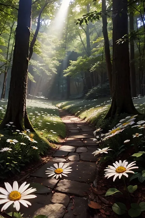 Forest floor, daisies, merry elves, shiny sunbeams