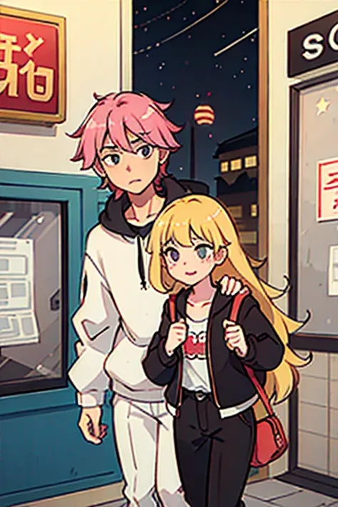 Girl with pink hair dressed in YK2 style clothes, next to a tall and very handsome blonde haired boy, black eyes, standing at a bus stop in Korea, anime style and Korean manhwa, night phone with stars