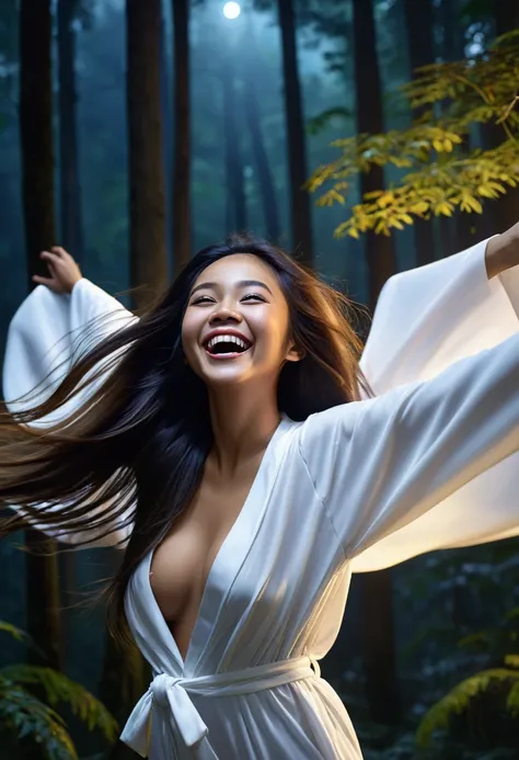 portrait of a beautiful Indonesian girl with long, wide flowing hair, wearing a bright white robe, floating in the air, laughing out loud looking at the camera, spooky forest background, at night, expose breast, medium breast, real hyperrealistic,incredibl...