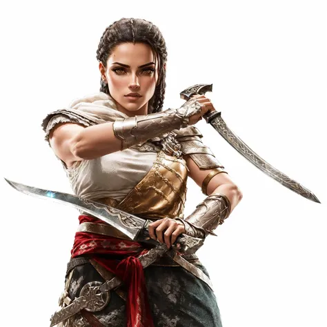 imagem arafada de uma mulher com uma espada e uma espada, guerreira, Shes holding two swords, arte oficial, aobs:aras warrior, holding two swords in hand, promo art, Assassins Creed, guerreira, assassina feminina, north adult guerreira, arte principal, som...