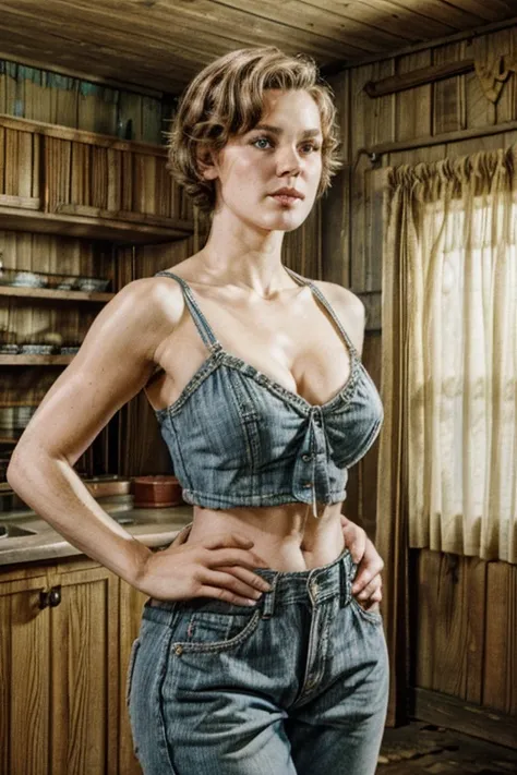 (((Ultra-HD-realistic-quality-details))) 1girl, young 20 year old, hillbilly, america-1960-era, farmhouse, huge cleavage, midriff, (wide hips:1.4), short hair, blue eyes, old-vintage-movie-scene, cinematic