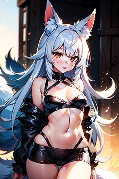 Fox Girl, Fox&#39;s Tail, Nine-Tailed Fox,Fox Ears, Black colored hair, Fox Makeup, Kimono with open chest,, Nice body, Avatar, face, Open chest, lewd face, Dominant representation, naughty face,Big Breasts,Emphasize cleavage,Show bare skin