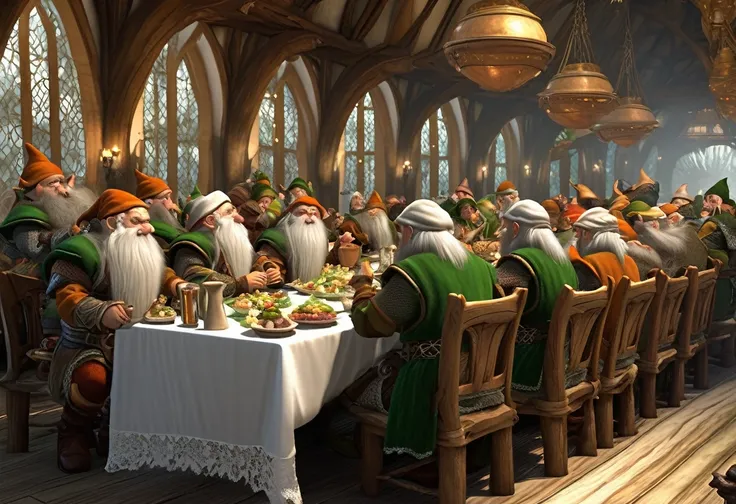 Dwarves are dressed in fine outfits with white lace trim, they are drinking and eating fine foods at a large table. Several elves in finery watch in disdain.  Elven hall