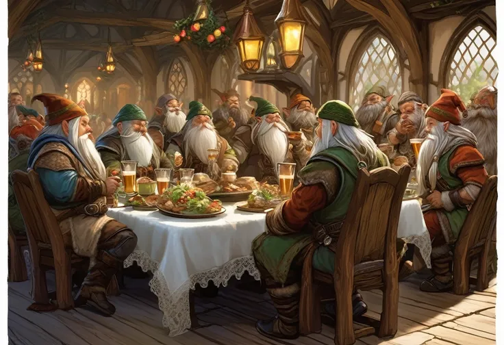 Dwarves are dressed in fine outfits with white lace trim, they are drinking and eating fine foods at a large table. Several elves in finery watch in disdain.  Elven hall