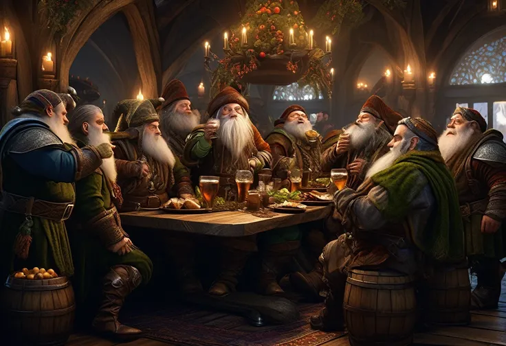 a finely dressed group of dwarves drinking and eating at a large table, several elves in finely detailed outfits watching in disdain, intricate details, high quality, elegant interior, cinematic lighting, fantasy art