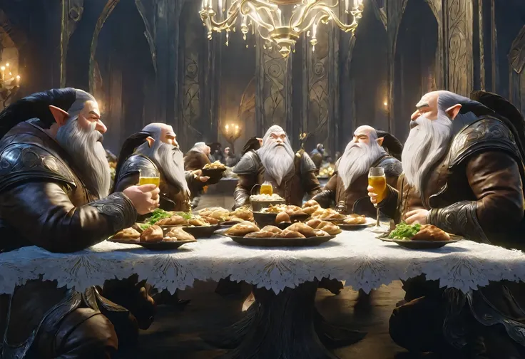 a group of dwarves dressed in fine outfits with white lace trim, drinking and eating fine foods at a large table, several elves in finery watching in disdain, an elven hall, ultra-detailed, 8k, realistic, photorealistic, masterpiece, highly detailed, cinem...