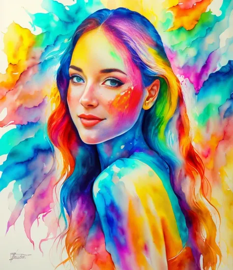 a painting of a woman with colorful paint on her face, watercolor detailed art, rossdraws pastel vibrant, watercolor colored pai...