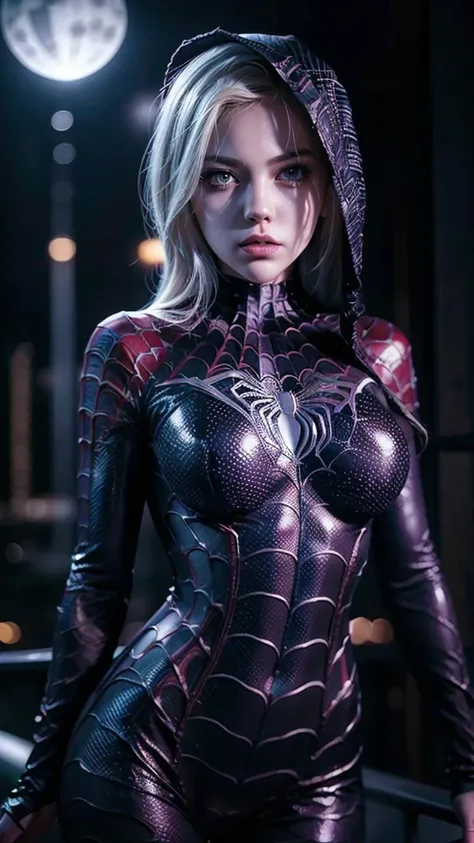 1girl, spider gwen, gwen stacy, spiderman, black and white suit,hips up, beautiful detailed eyes, beautiful detailed lips, extremely detailed face, longeyelashes, web, spider web, night city, cityscape, moonlight, dramatic lighting, cinematic, high contras...