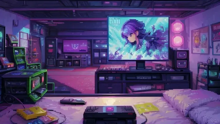 gamer room, gamer computer, gaming posters, video games, purple color, 8-bit gaming, retro, pixel, all purple.