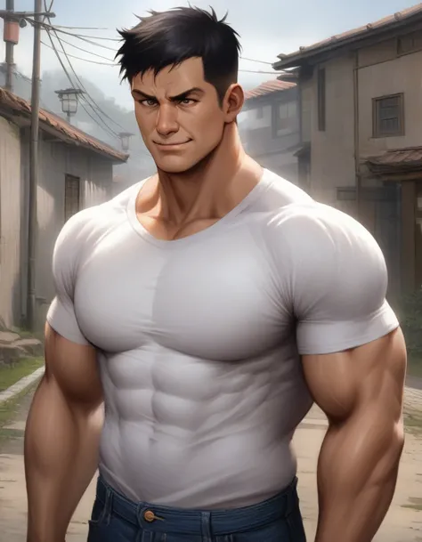 1man, japanese cameraman, 35yo, crew cut, boned nose, square-shaped, black hair, beautiful detailed eyes, ordinary, forehead, high cheekbone, ideal ratio body proportions, heavy weight, middle-muscular, stocky waist, BREAK solo, white t-shirt, jeans, tente...