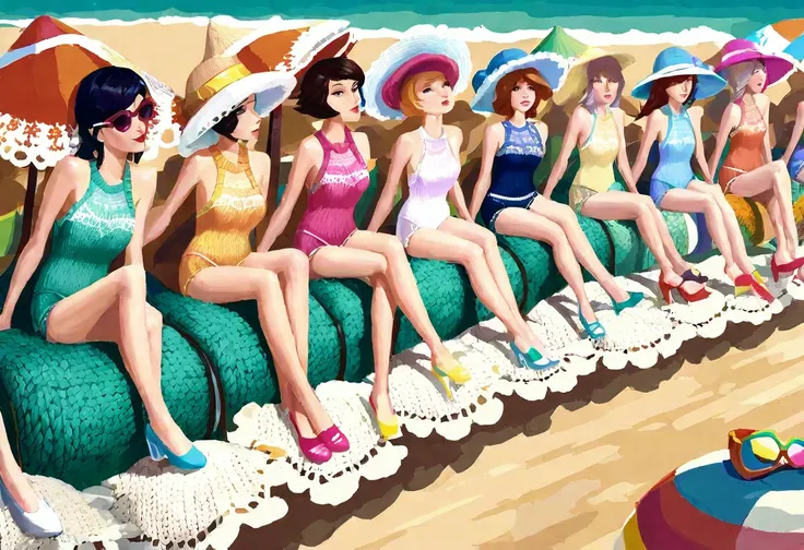 Some cute and women (age 20) lounge on the beach in knitted swimsuits of various colors with white lace trim. Crowded beach