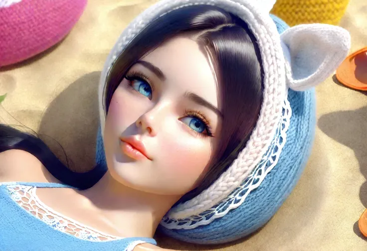 a cute girl in a knitted swimsuit with white lace trim lounging on a crowded beach, 1 girl, beach, knitted swimsuit, white lace trim, cute, beautiful detailed eyes, beautiful detailed lips, extremely detailed face and eyes, long eyelashes, photorealistic, ...