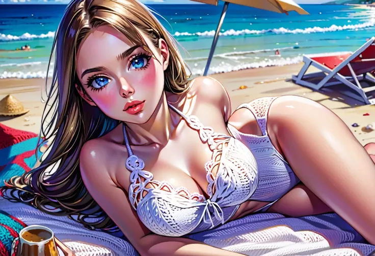 a cute girl in a knitted swimsuit with white lace trim lounging on a crowded beach, 1 girl, beach, knitted swimsuit, white lace trim, cute, beautiful detailed eyes, beautiful detailed lips, extremely detailed face and eyes, long eyelashes, photorealistic, ...