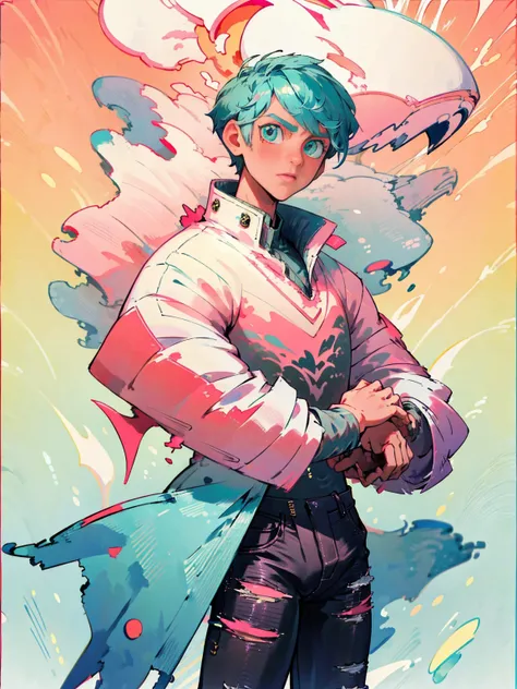 dragon boy_ white scales with turquoise and pink details_detailed eyes_wearing a stylish coat with abstract details_ ripped blac...