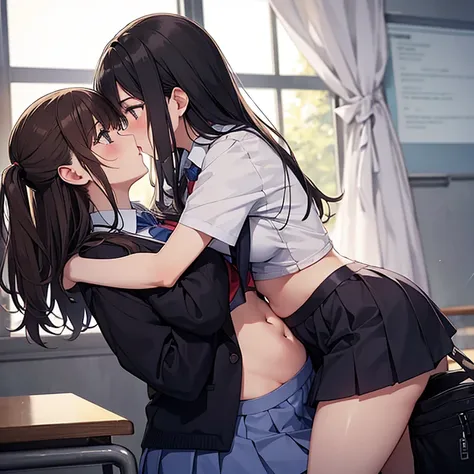 School girl in a school outfit showing abit of her tummy raping and aggressively kissing and hugging another girl wearing a school outfit showing abit of her tummy