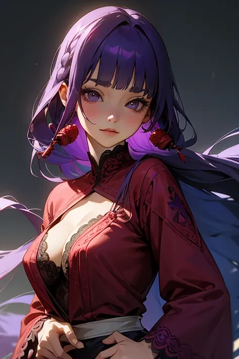 Face close-up、1 girl, Blunt bangs, Braiding, Wide sleeves, hair ornaments,Red and navy lace、(Purple Hair:1.2), Very long hair, Straight hair, Looking at the audience, Highly detailed background, (Realistic:1.2), Beautiful Eyes, Red eyeshadow, Written bound...