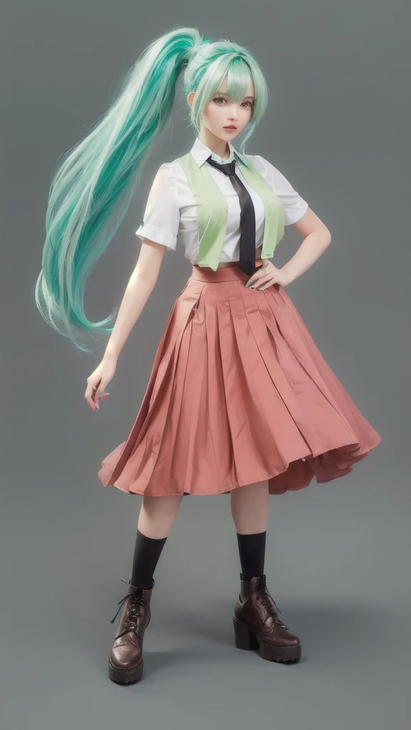 has long mint green hair and turquoise eyes.  Her bangs part in the middle and she ties her hair in a ponytail.  She has a slim figure and a large bust.  She wears a white short-sleeved shirt with a bright green tie, and wears an unbuttoned sunset yellow v...