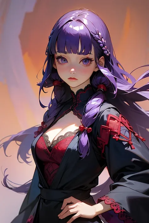 Face close-up、1 girl, Blunt bangs, Braiding, Wide sleeves, hair ornaments,Red and navy lace、(Purple Hair:1.2), Very long hair, Straight hair, Looking at the audience, Highly detailed background, (Realistic:1.2), Beautiful Eyes, Red eyeshadow, Written bound...