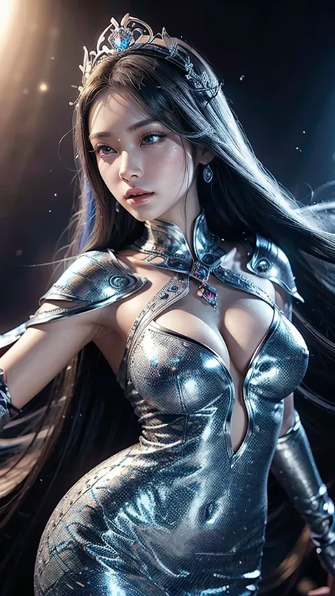 a beautiful woman in a silver blue dress,hips up,full body, extremely detailed fantasy art, stunning character art, epic and beautiful character art, detailed facial features, beautiful detailed eyes, beautiful detailed lips, extremely detailed eyes and fa...