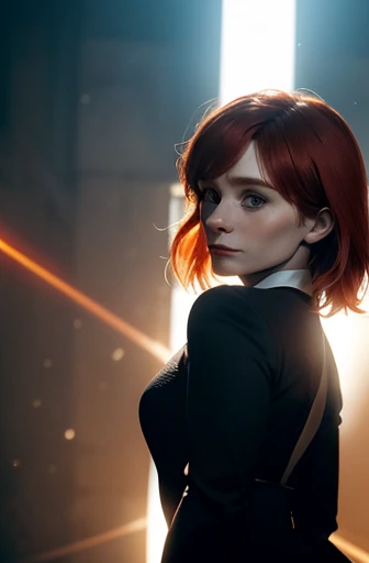 (Bryce Dallas Howard com 35 anos, sozinha:1.2, shot from behind, dynamic pose), (Big head spinning:1.3), Cinematic shot, dramatic lighting emphasizing shadows, detalhes ricos em textura, efeito laser para adicionar profundidade, melhor qualidade.