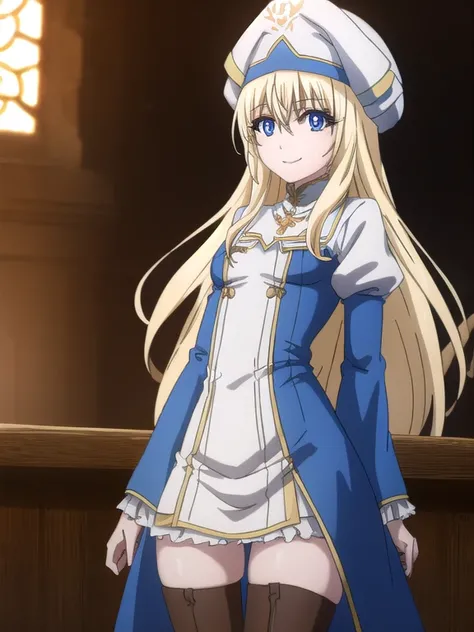 priestess, priestess, blonde hair, blue eyes, long hair, hair between eyes, (small breast:1.2), smile,
BREAK boots, dress, frilled sleeves, frills, hat, white headwear, pelvic curtain, high heels, robe, thigh boots, thighhighs, white thighhighs, long sleev...