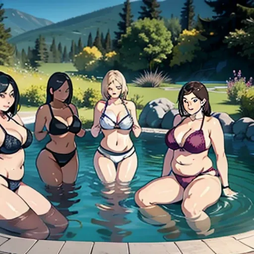 Several overweight women standing in a row, each wearing different bras and panties, Bras and panties of different colors, Standing by the hot spring pool, Full body image, 1 sitting woman (Spread your legs)