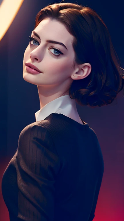 (Anne Hathaway, com 35 anos, sozinha:1.2, shot from behind, dynamic pose), (Big head spinning:1.3), Cinematic shot, dramatic lighting emphasizing shadows, detalhes ricos em textura, efeito laser para adicionar profundidade, melhor qualidade.