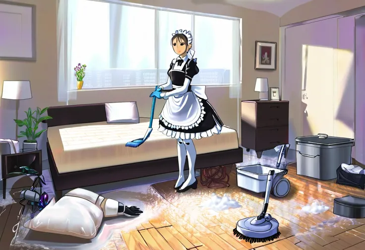 A robotic maid servant is dressed in a knitted French maid outfit with white lace trim, cleaning up a bachelor pad (extremely messy)