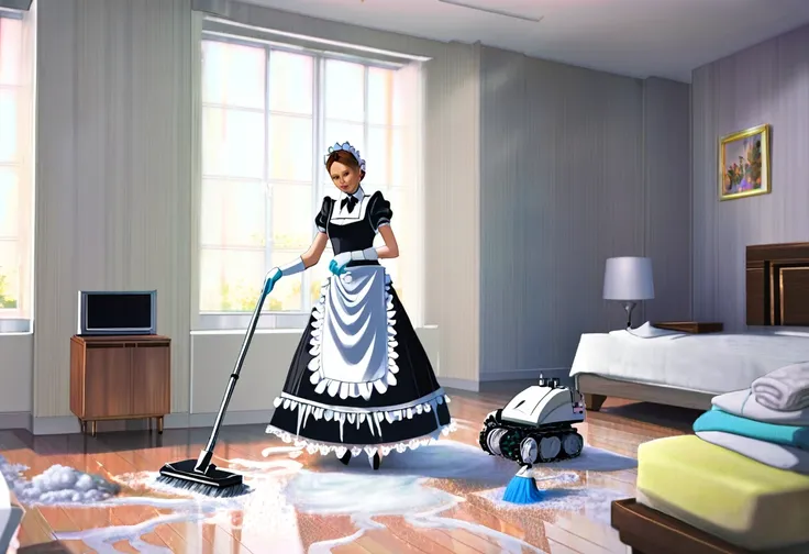 A robotic maid servant is dressed in a knitted French maid outfit with white lace trim, cleaning up a bachelor pad (extremely messy)