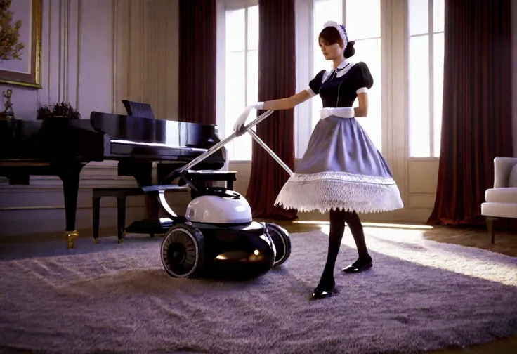 A robotic maid servant, exquisite detailed knitted French maid outfit with white lace trim, cleaning up a bachelor pad, extremely messy, hyper-realistic, cinematic lighting, 8k, highly detailed, volumetric lighting, dramatic shadows, warm color palette, in...