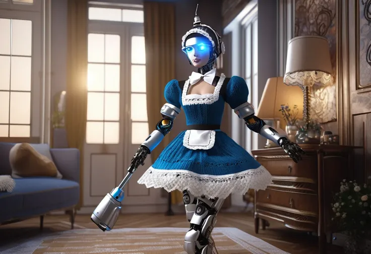 a robotic maid servant, a knitted french maid outfit with white lace trim, cleaning up a bachelor pad, extremely messy, detailed maid outfit, intricate lace details, shiny metal robot body, glowing blue eyes, highly detailed, photorealistic, 8k, high quali...