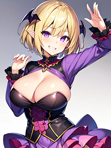 Front Pin, Succubus, 1 girl, alone, highest quality, Succubus dress, Purple clothes, Contrasting, Layered skirt, short hair, Blonde Hair, Shiny Hair, White Eyes, Grin and laugh, Grin, Big Breasts, Stylish pose, Frill dress, cute,