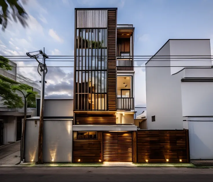 a 4-storey townhouse, modern architecture, glass, perforated louvers, wood, soft sky, green trees, high quality