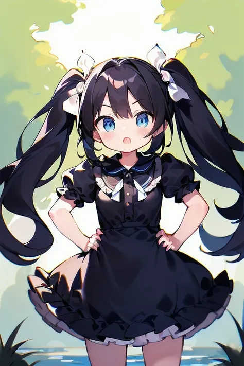 masterpiece, highest quality, Long Hair, Twin tails, Black Hair, blue eyes, Ruffled Dress, Elbow hand pockets, Outdoor, Hands on hips,