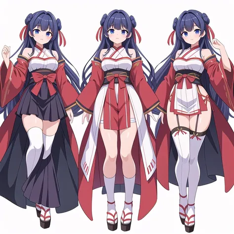 masterpiece, best quality, solo, high fantasy costume, ((white background)), full body, multiple views,  bare shoulders, sleeve, thigh high, hakama,
