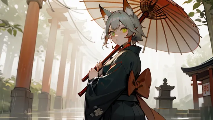 (masterpiece, best quality) detailed,Pretty Face、beautiful eyes ,Fox Ear Beauty，Black and gold shrine maiden kimono　，Silver Hair ,elegant, (Fox ears)，Red Eyeshadow, whole body，Exposing thighs，Rainy Day，Fushimi Inari Taisha Shrine Fantastic　mystery　wonderla...