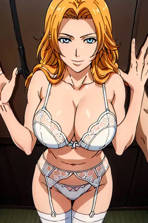 (Kabedon POV : 1.3), bare shoulder, white lace bra, white lace panties, white garter belt, luxury bedroom background, matsumoto rangiku, anime cels style, best quality, high resolution, (huge breasts:1.3), cowboy shot, (potrait body), blue eyes, Blonde hai...