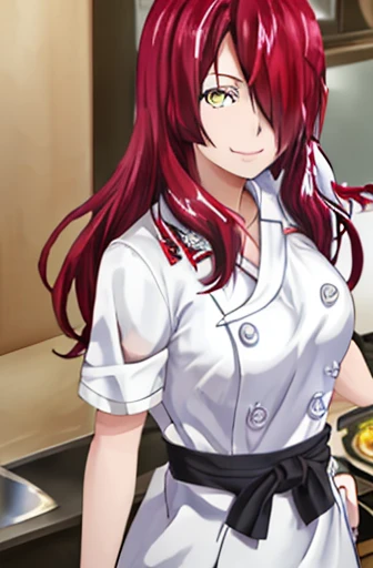 ((masterpiece,best quality)), absurdres, Kobayashi_Rindou_Shokugeki, 1girl, solo, red hair, long hair, hair over one eye, yellow eyes, chef, white smock, solo, smiling, looking at viewer, cowboy shot,