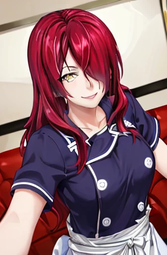 ((masterpiece,best quality)), absurdres, Kobayashi_Rindou_Shokugeki, 1girl, solo, red hair, long hair, hair over one eye, yellow eyes, chef, white smock, solo, smiling, looking at viewer, cowboy shot,