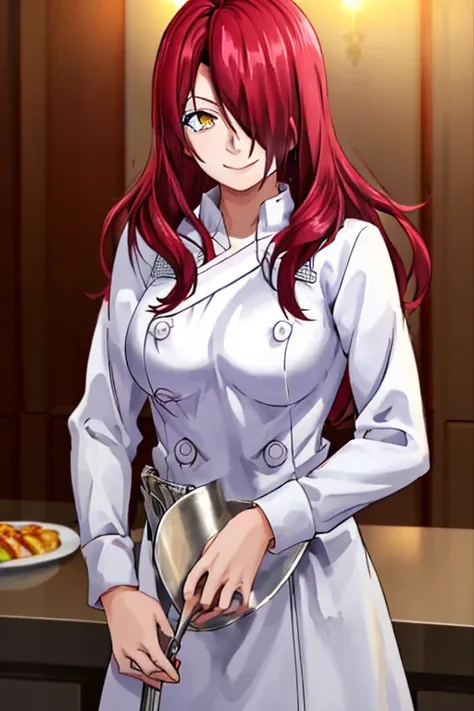 ((masterpiece,best quality)), absurdres, kobayashi_rindou_shokugeki, 1girl, solo, red hair, long hair, hair over one eye, yellow...