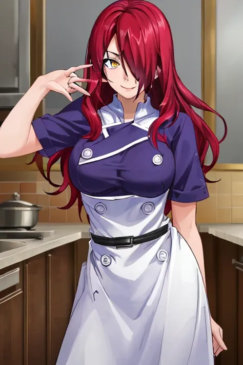 ((masterpiece,best quality)), absurdres, kobayashi_rindou_shokugeki, 1girl, solo, red hair, long hair, hair over one eye, yellow...