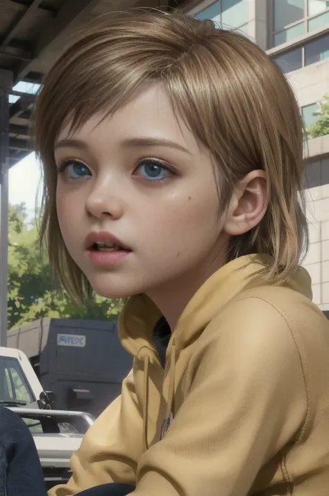 there is a young girl with blue eyes sitting on a bench, photorealistic disney, small character. unreal engine 5, ellie (last of us), realistic cgi, ultra realistic concept art, realistic anime 3 d style, hyperrealistic cgi, photorealistic cgi, photorealis...