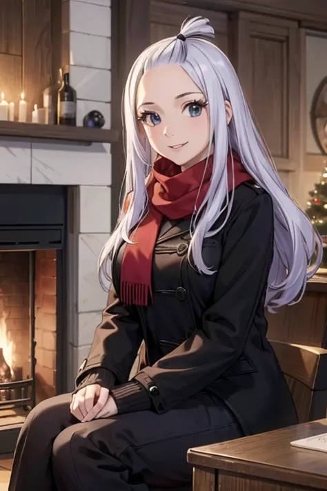 (best quality,4k,8k,highres,masterpiece:1.2),ultra-detailed,realistic,photorealistic:1.37,  Mirajane Strauss with a beautiful smile in front of a fireplace wearing a black sweater, red scarf and a gray overcoat 