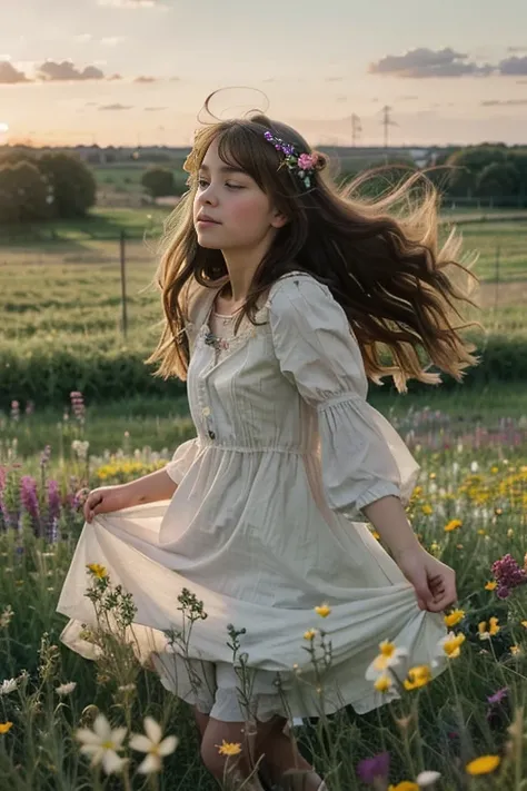 A whimsical and dreamy scene of a girl in a field of wildflowers, her hair adorned with ribbons and her dress billowing in the wind.